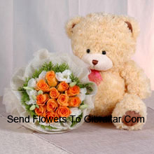 11 Roses Orange avec un mignon ours en peluche