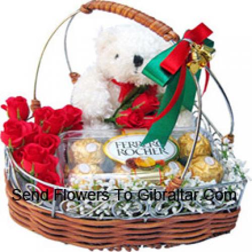 Niedliche Rosen mit niedlichem Teddy und Schokolade