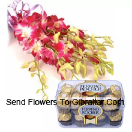 Bunch Of Pink Orchids With Seasonal Fillers Along With 16 Pcs Ferrero Rochers