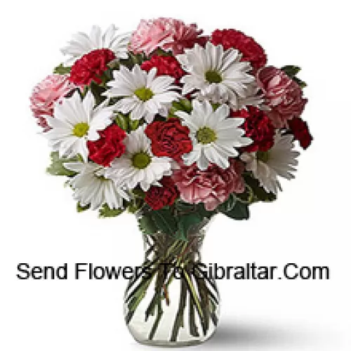 Red Carnations, Pink Carnations And White Gerberas With Seasonal Fillers In A Glass Vase -- 25 Stems And Fillers