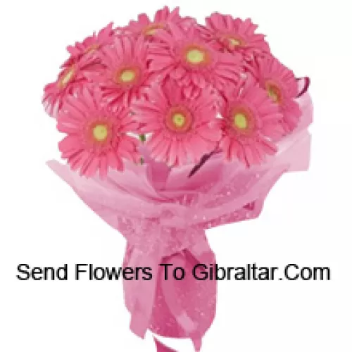 A Beautiful Hand Bunch Of 11 Pink Gerberas With Seasonal Fillers