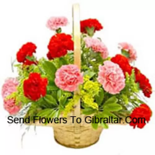 Basket Of 6 Pink And 7 Red Carnations