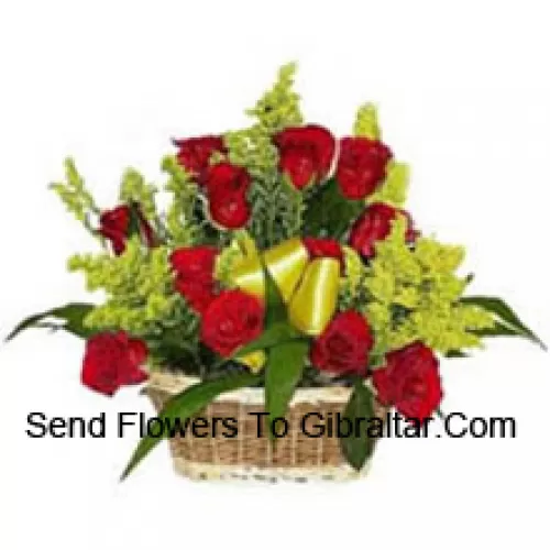 Basket Of 19 Red Roses With Seasonal Fillers