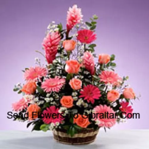 Basket Of Assorted Flowers Including Gerberas, Roses and Seasonal Fillers