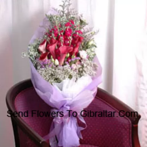 Hand Bunch Of Red Colored Tulips