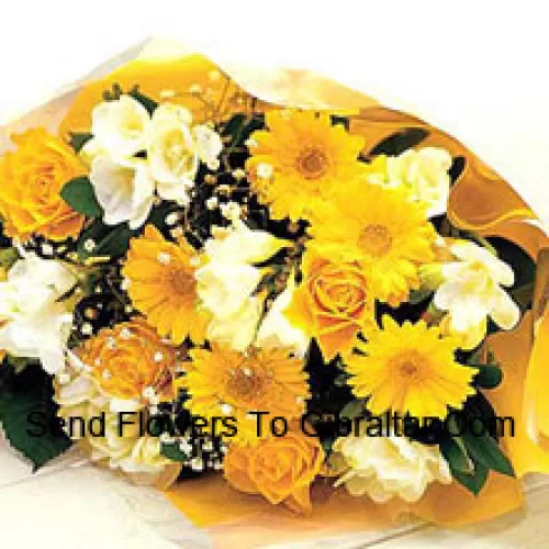 Bunch Of 7 Yellow Daisies With 7 Yellow Roses