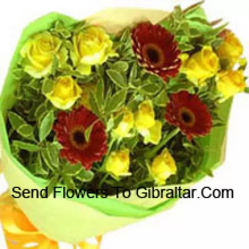 Bunch Of 10 Yellow Roses And 3 Red Colored Gerberas