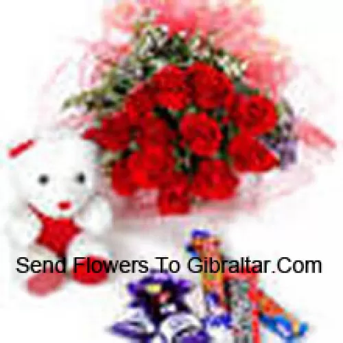 Bunch Of 11 Red Roses With Assorted Chocolate And A Cute Teddy Bear