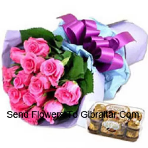 Bunch Of 11 Pink Roses With 16 Pcs Ferrero Rocher