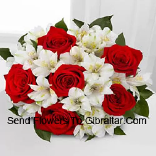 Bunch Of 7 Red Roses And Seasonal White Flowers