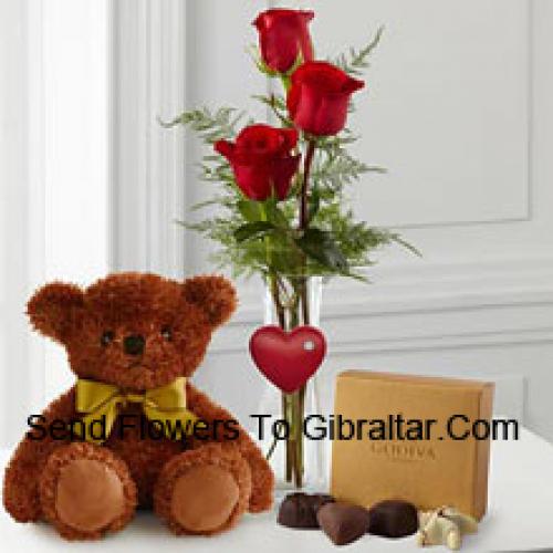 3 Rote Rosen mit Teddy und Schokolade