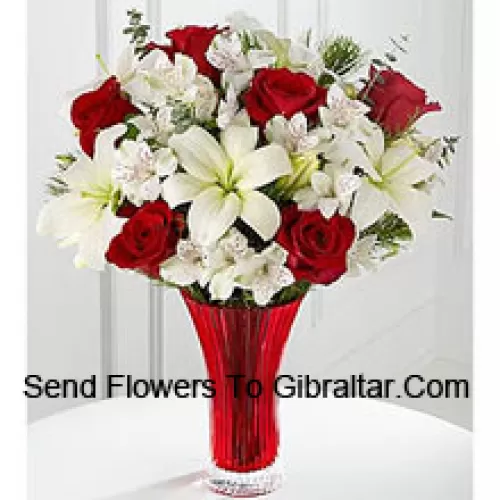 Questo bouquet è una splendida espressione della gioia e dell'eleganza del periodo natalizio. Le rose rosse spiccano su uno sfondo di gigli bianchi asiatici e gigli peruviani amorevolmente disposti in un vaso di vetro rosso per creare un bouquet di celebrazione stagionale. (Si prega di notare che ci riserviamo il diritto di sostituire qualsiasi prodotto con un prodotto idoneo di pari valore in caso di non disponibilità di un determinato prodotto)